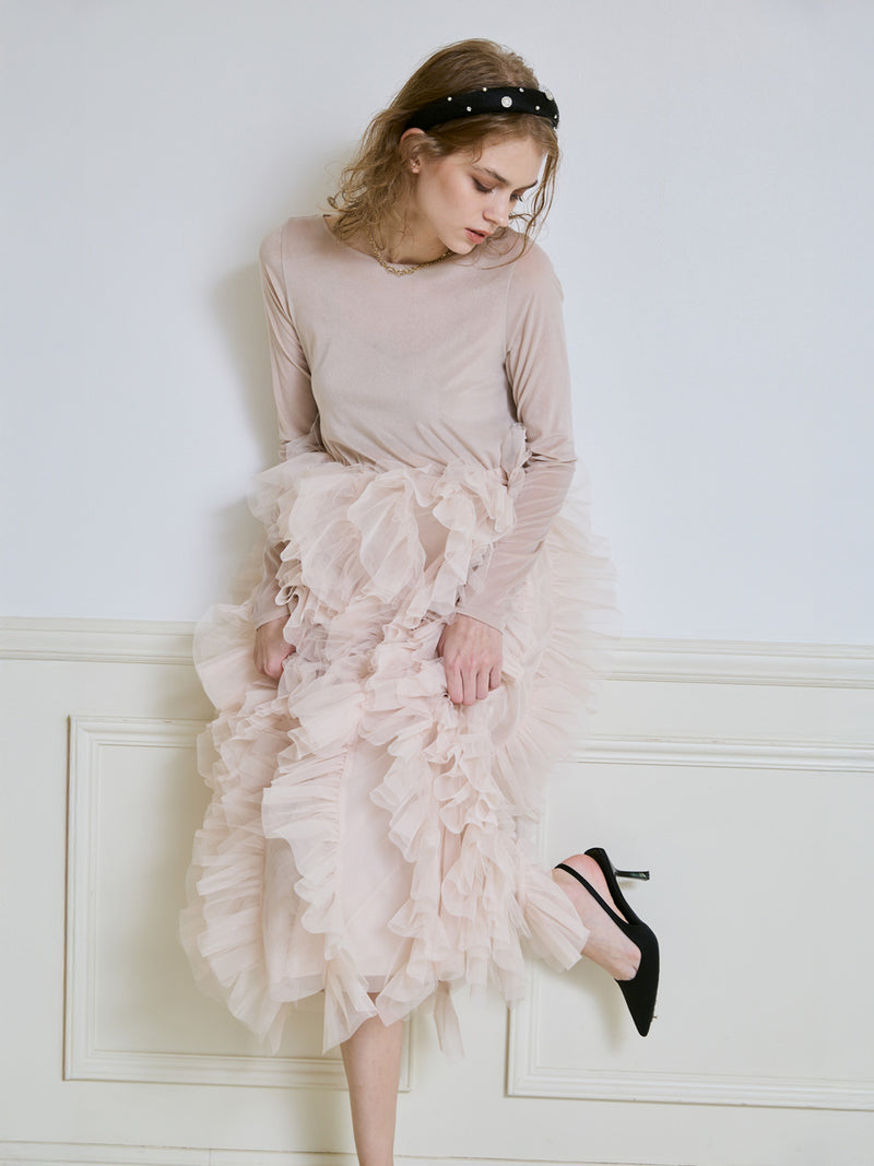 シアーベロアドッキングラッフルチュールワンピース